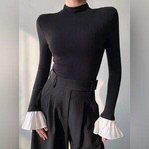 Mock Neck Ruffled Cuff Slinky Top in Medium